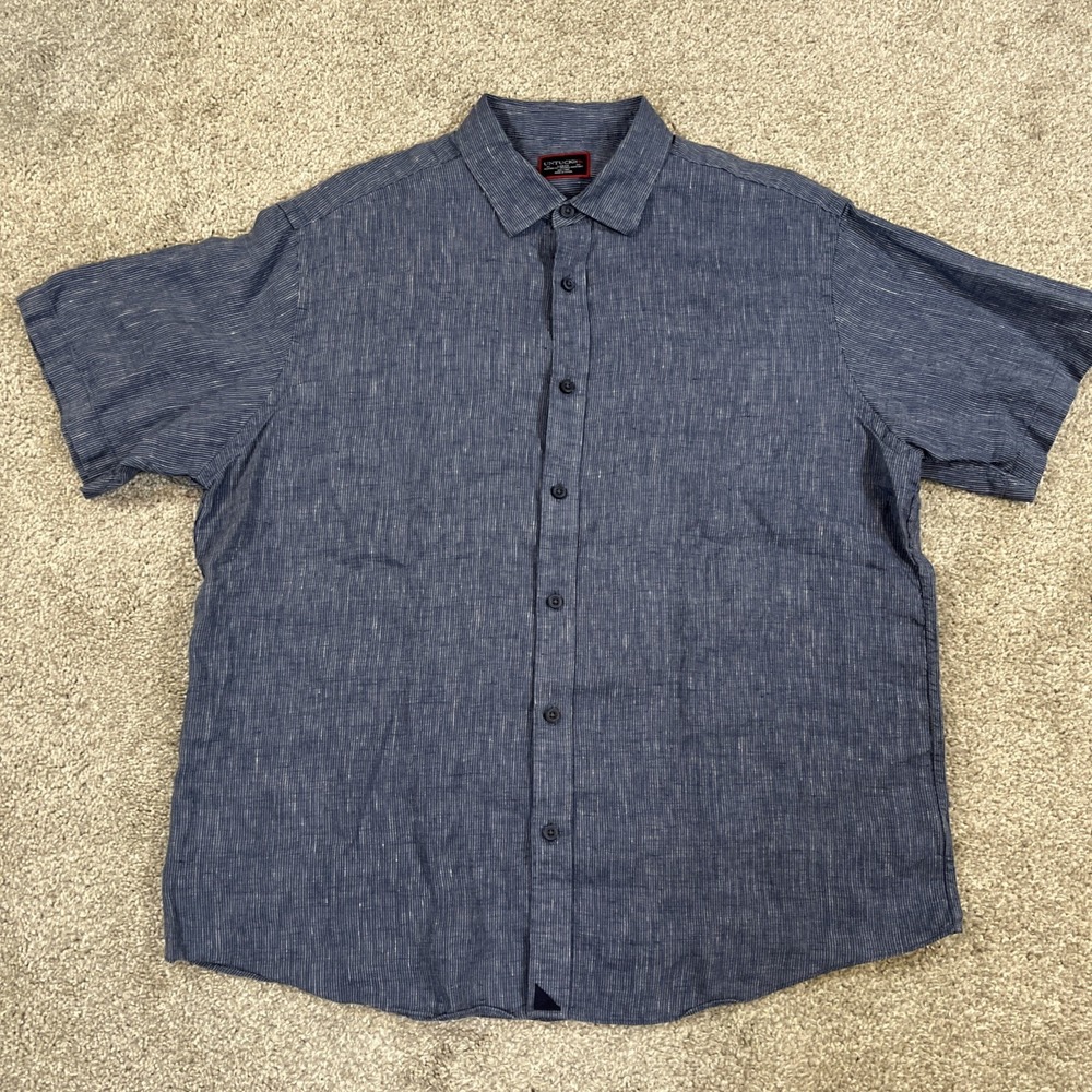 UNTUCKit Men's Linen Short Sleeve Button Up Shirt L‎ Blue Striped Relaxed Fit